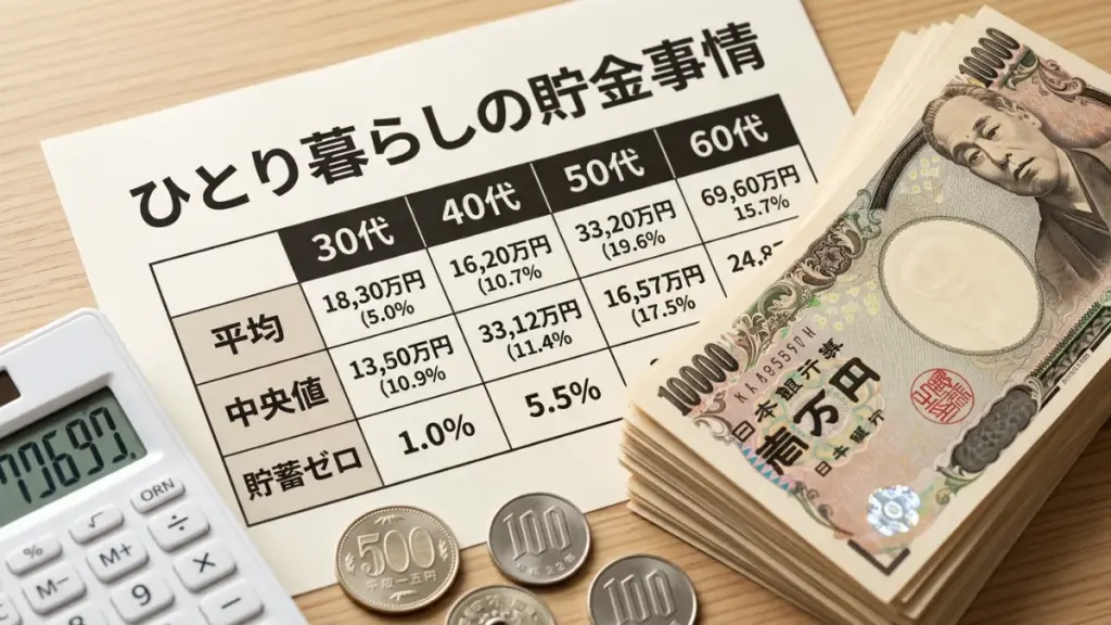 【ひとり暮らしの貯金事情】30～60代の平均と中央値で徹底比較！「貯蓄持ち・ゼロ」の格差が明らかに